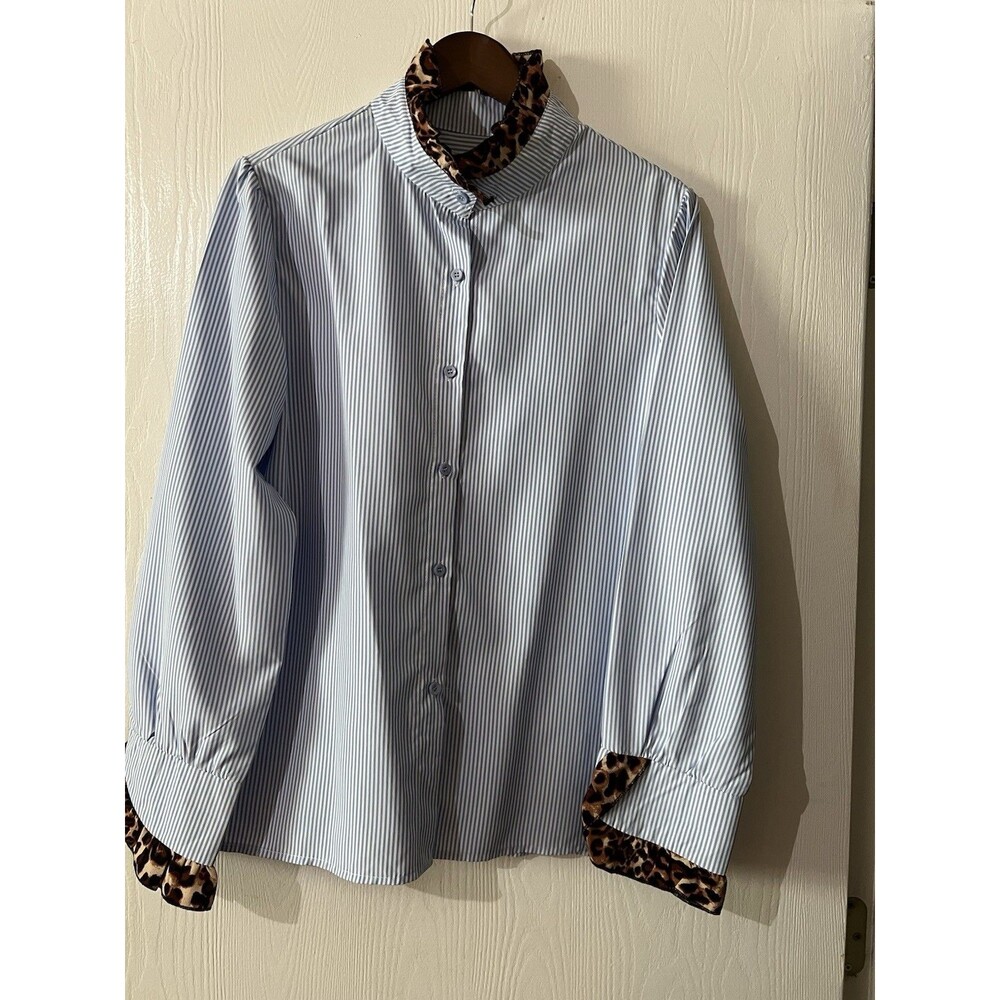 Medium Blue Pinstripe Button Up Top With Animal Print Detail On Long Sleeves